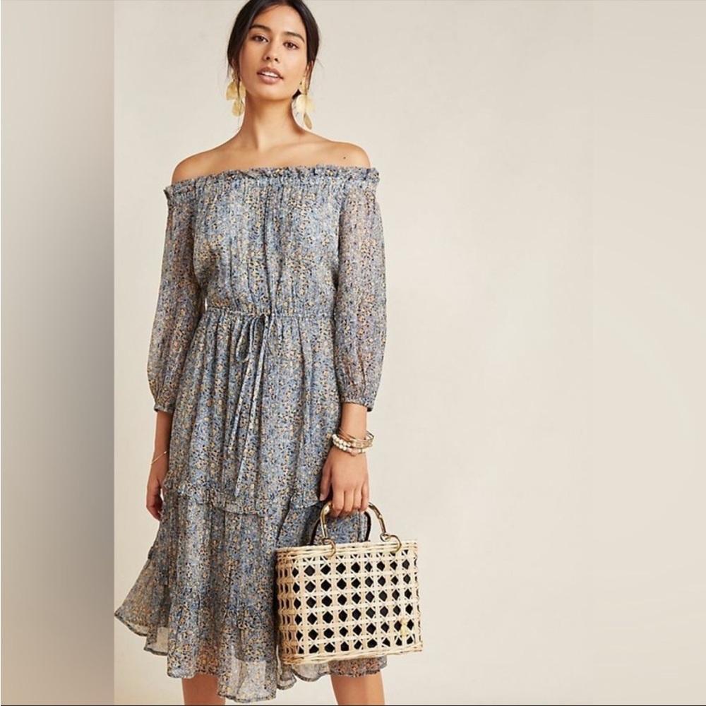 Anthropologie Kira Off the Shoulder Peasant Midi Dress Floral Metallic Sz 4